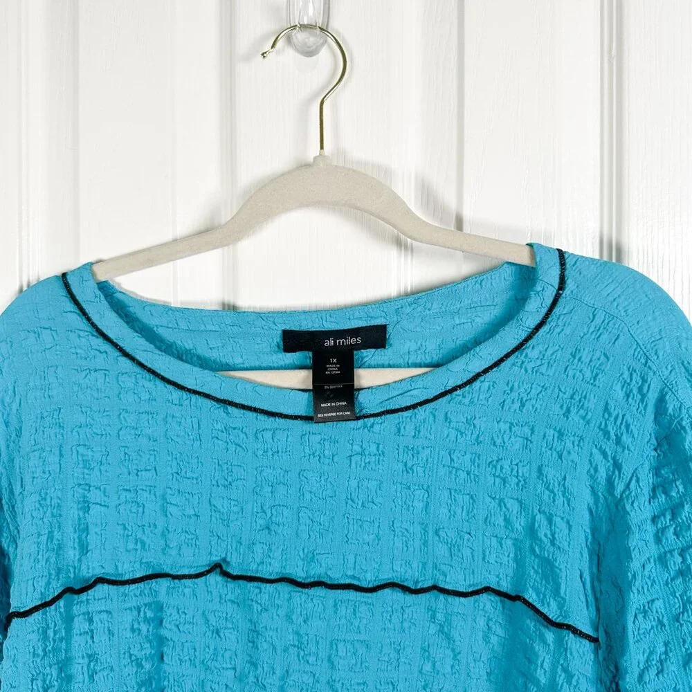 Ali Miles Plus 1X Turquoise Contrast Stitch Tunic Top 3/4 Sleeve Wrinkle Free - Picture 2 of 9